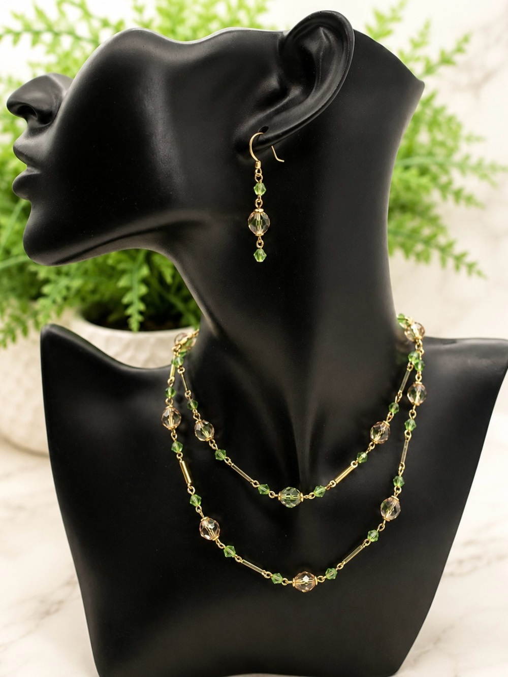 Pink Green Translucent Glass Crystal Beaded Necklace Earrings Set